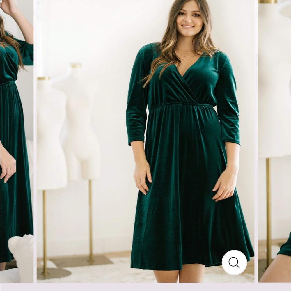 Wrap-Front Velvet Midi Dress in Emerald Green